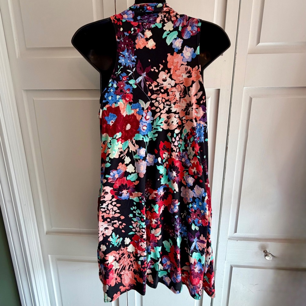 NEW Bright Floral Size Medium Sleeveless Open Front Draped Cardigan Vest Pockets - Picture 4 of 11